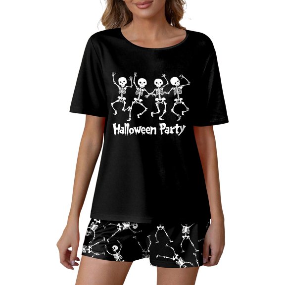 Puliio Halloween Pajamas Women's Short Set Pjs Sets Cute Print Crewneck Short Sleeve Top and Shorts Holiday Sleepwear for Women
