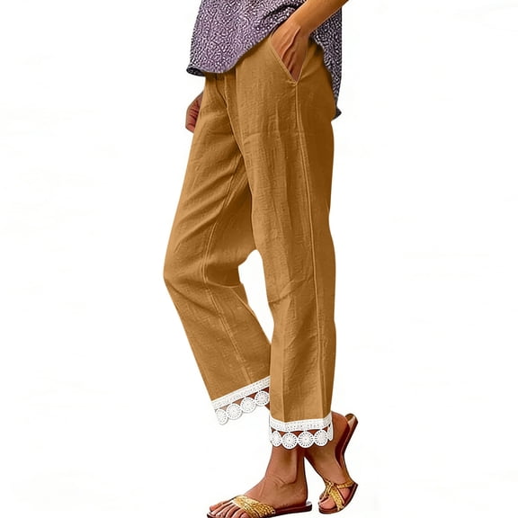 PiGOGI Women's Solid Ruffle Elastic High Waist Cotton Linen Long Pants, Casual Loose Trousers with Pockets, Daily/Beach/Vacation Wide Leg Yellow XL