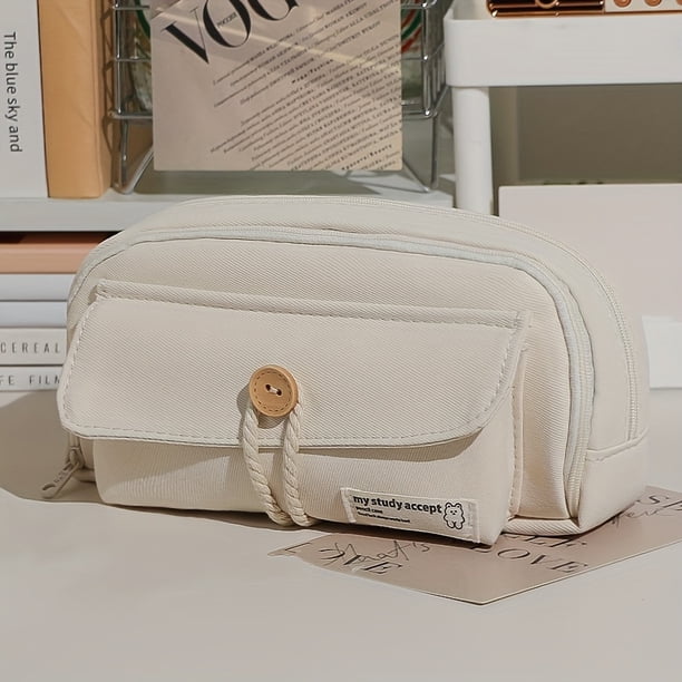 Estuche De Lápices Lindo De Cuerda De Algodón Con Botón, Gran Apertura Y Capacidad De Lona, Bolsa De Papelería Para Estudiantes, Suministros De Aprendizaje, Estuche De Lápices Femenino, Bolsa De Almac