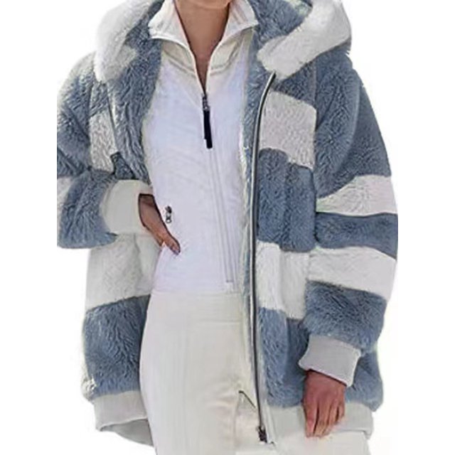 LUXUR Women Color Block Coat Plush Winter Warm Jacket Blue XL