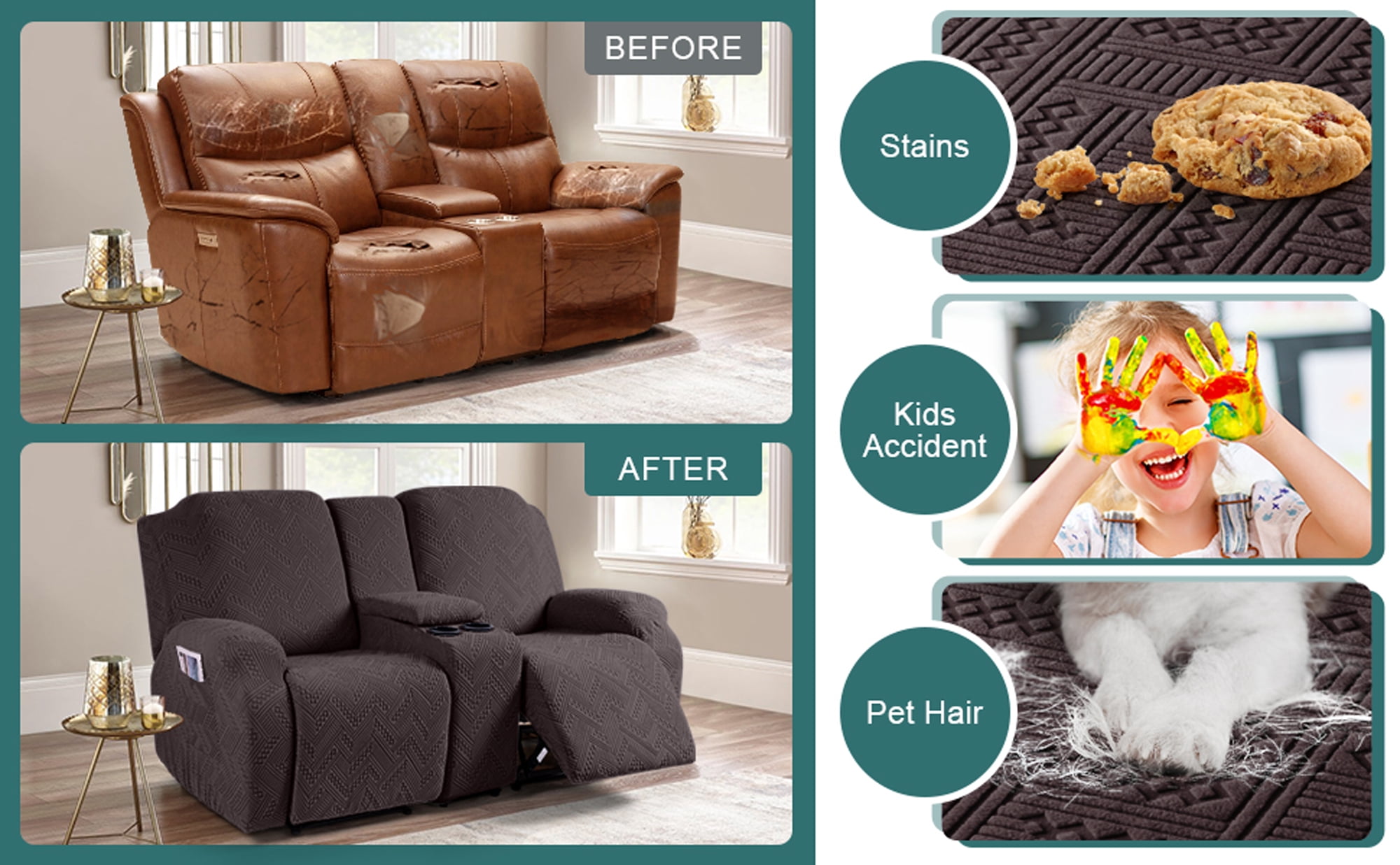 TAOCOCO 4 Pieces Recliner Loveseat Sofa Slipcovers, Stretch Jacquard Reclining Couch Covers with Pockets for 2 Seater Sofa Protector, Chocolate