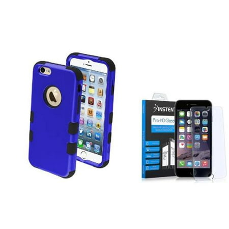 Insten Hybrid 3-Layer Protective Hard PC Outer/Silicone Inner Case for iPhone 6 6s - Blue/Black (+ Tempered Glass Screen