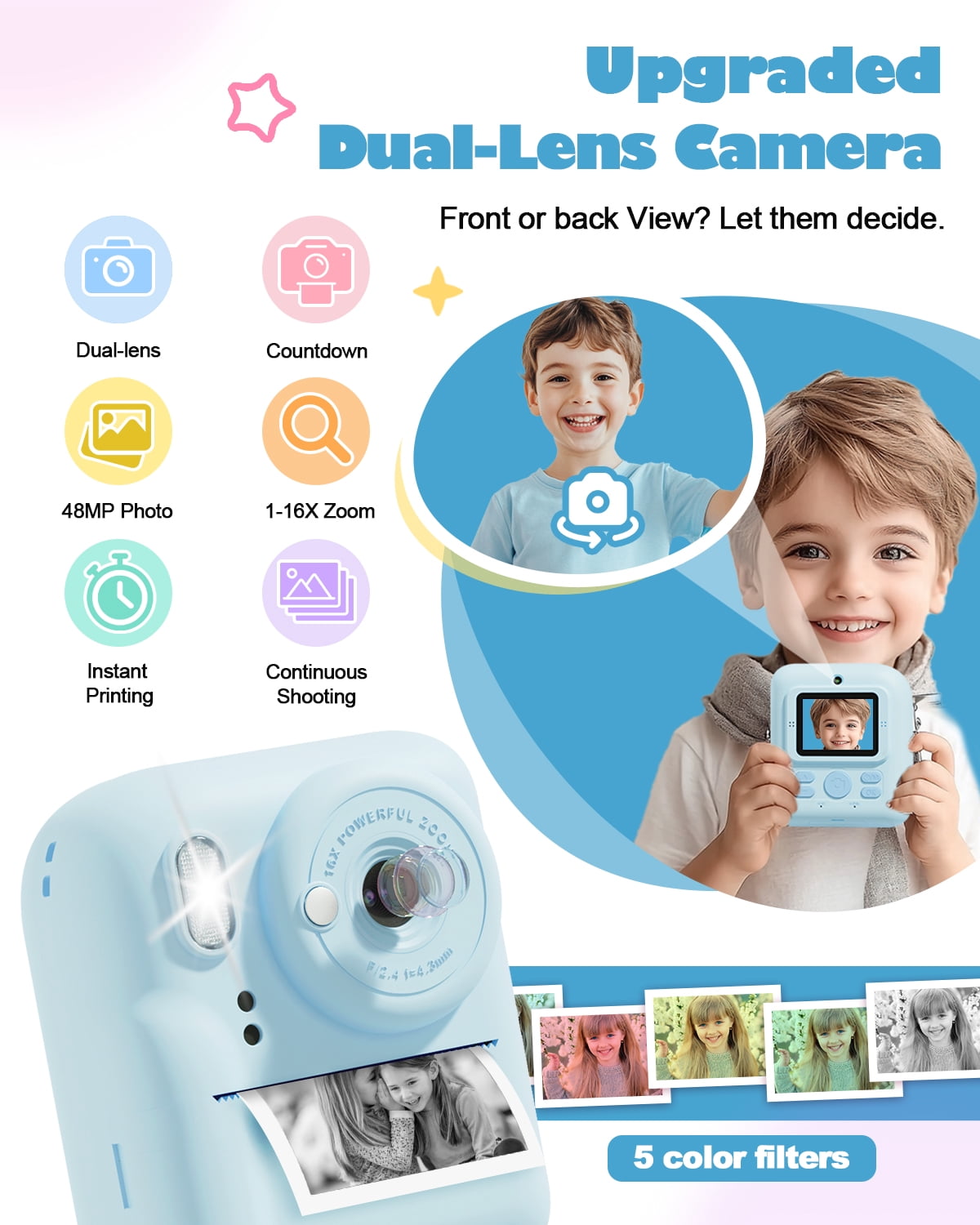 Seckton Instant Print Camera for Boys Girls , Dual-Lens 1080P Kid Digital Camera Birthday Gifts for 3-12 Year Old Boy Blue