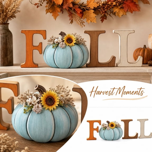 4 Pcs, Fall Table Decorations Wooden Letter Signs, 15 Inch Blue Pumpkins Fall Decor Rustic Farmhouse Fall Decor for Home, Fall Mantel Decor Fall Shelf Decor Indoor Autumn Harvest