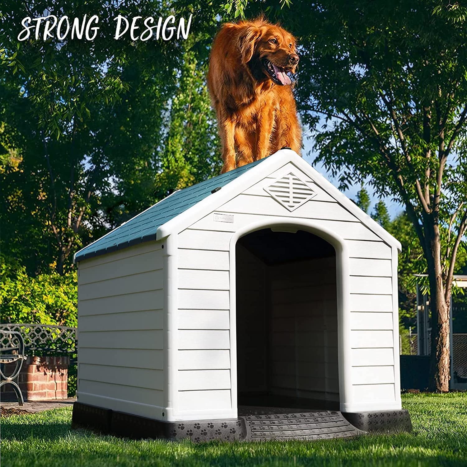 Waleaf Durable Waterproof Plastic Dog House for Small to Large Sized Dogs, Indoor Outdoor Doghouse with Elevated Floor