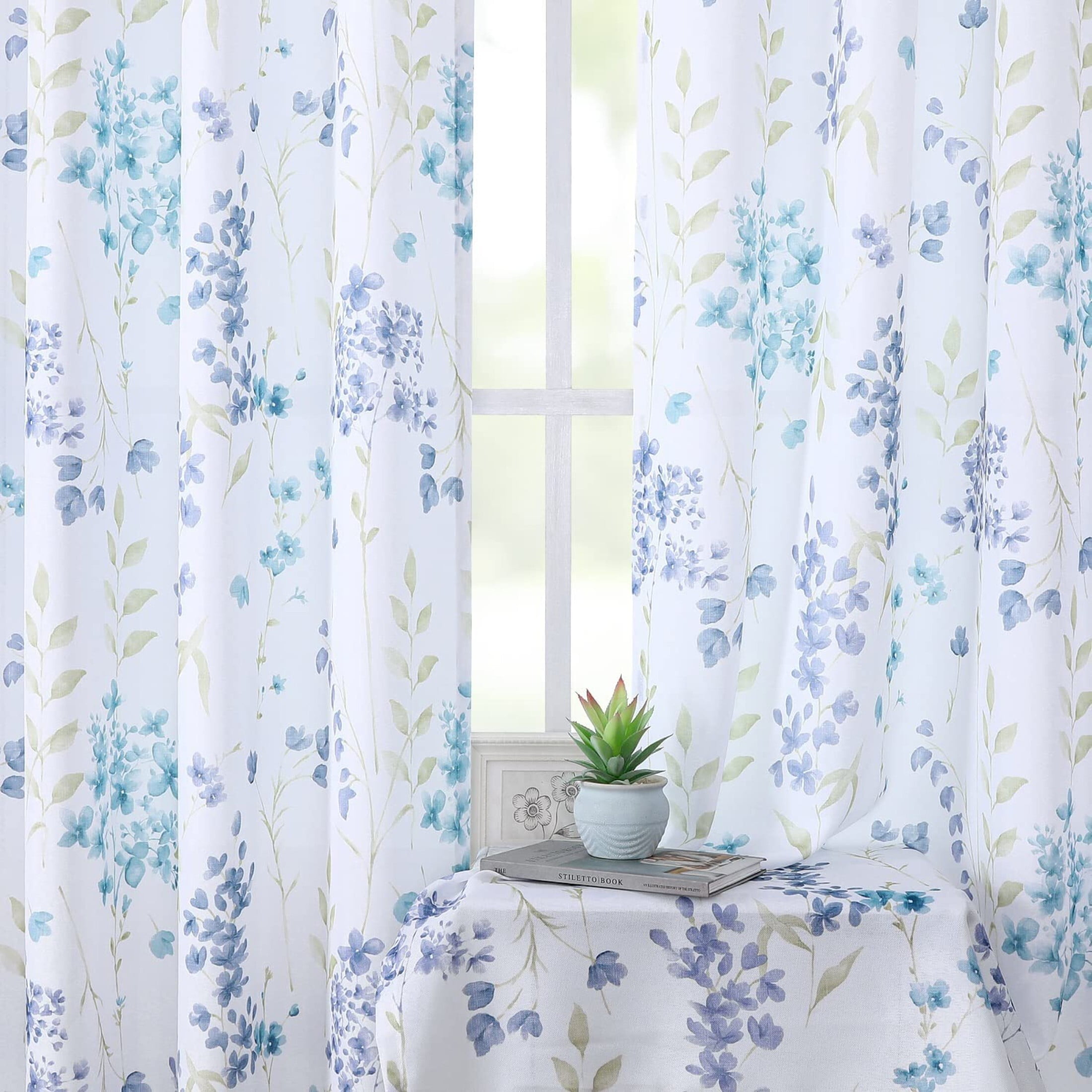 Bohogeo Farmhouse Blue Floral Grommet Light Filtering Bedroom, 56” x 95” (2 Panels)