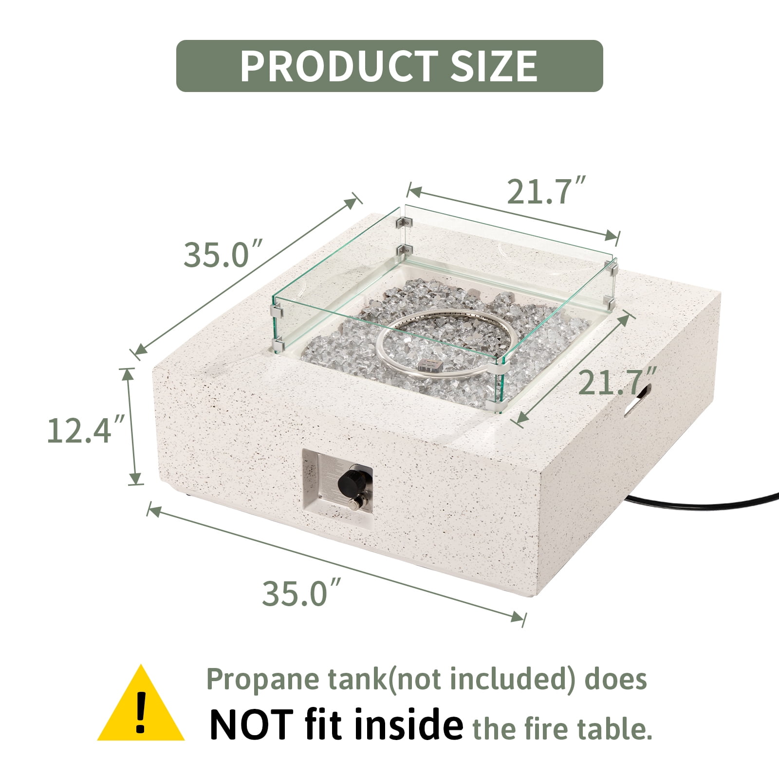 VENTOPYR Outdoor Propane Square Fire Pit Table, Terrazzo White Faux Stone 35-inch Planter Base, 50,000 BTU Stainless Steel Burner, Transparent Gray Fire Glass and Rain Cover, Metal Lid