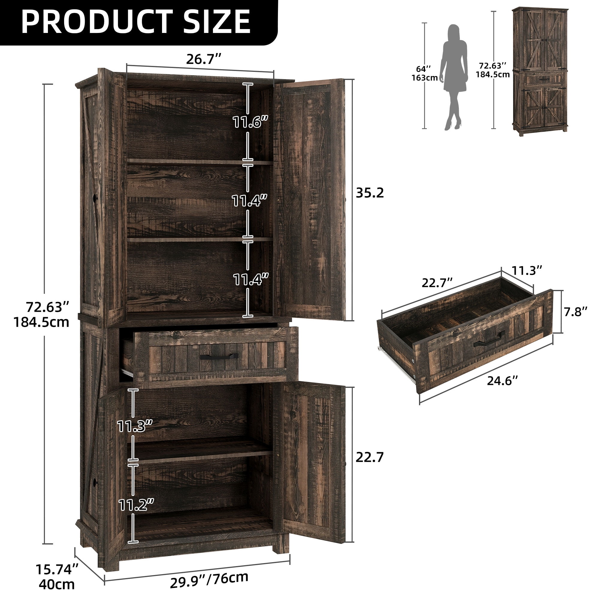 Dextrus Kitchen Pantry Cabinet with Doors and Drawer, Pantry Cabinet with Adjustable Shelves for Kitchen, Living Room, Dining Room, Dark Oak