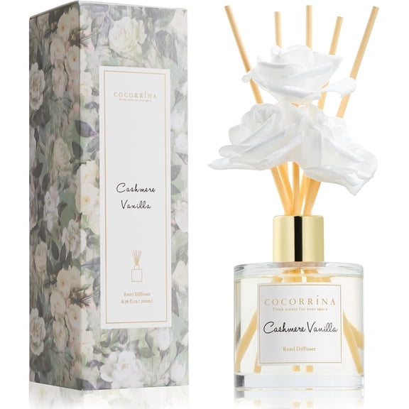 Reed Diffuser Set - 6.7 oz (200ml) Cashmere Vanilla Scent, 3 White Rose Foam Flowers & Cotton Sticks, Home Fragrance Reed Diffuser for Bathroom Shelf Decor