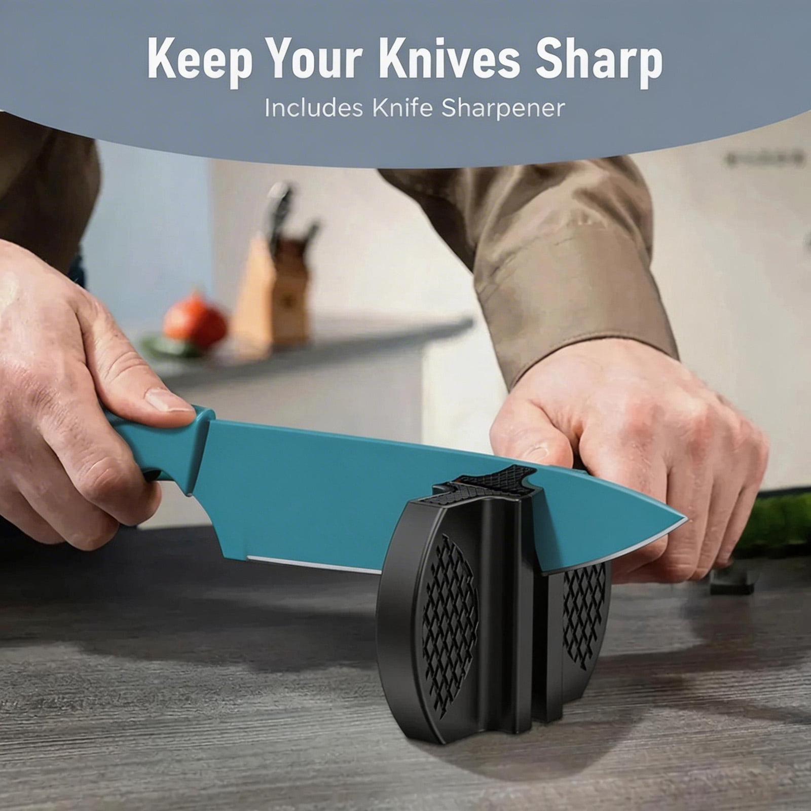 13 Pcs Kitchen Knife Set, Stainless Steel Chef Knives with Sharpener & Blade Guards, Non-Stick Coating, Dishwasher Safe, Multicolor