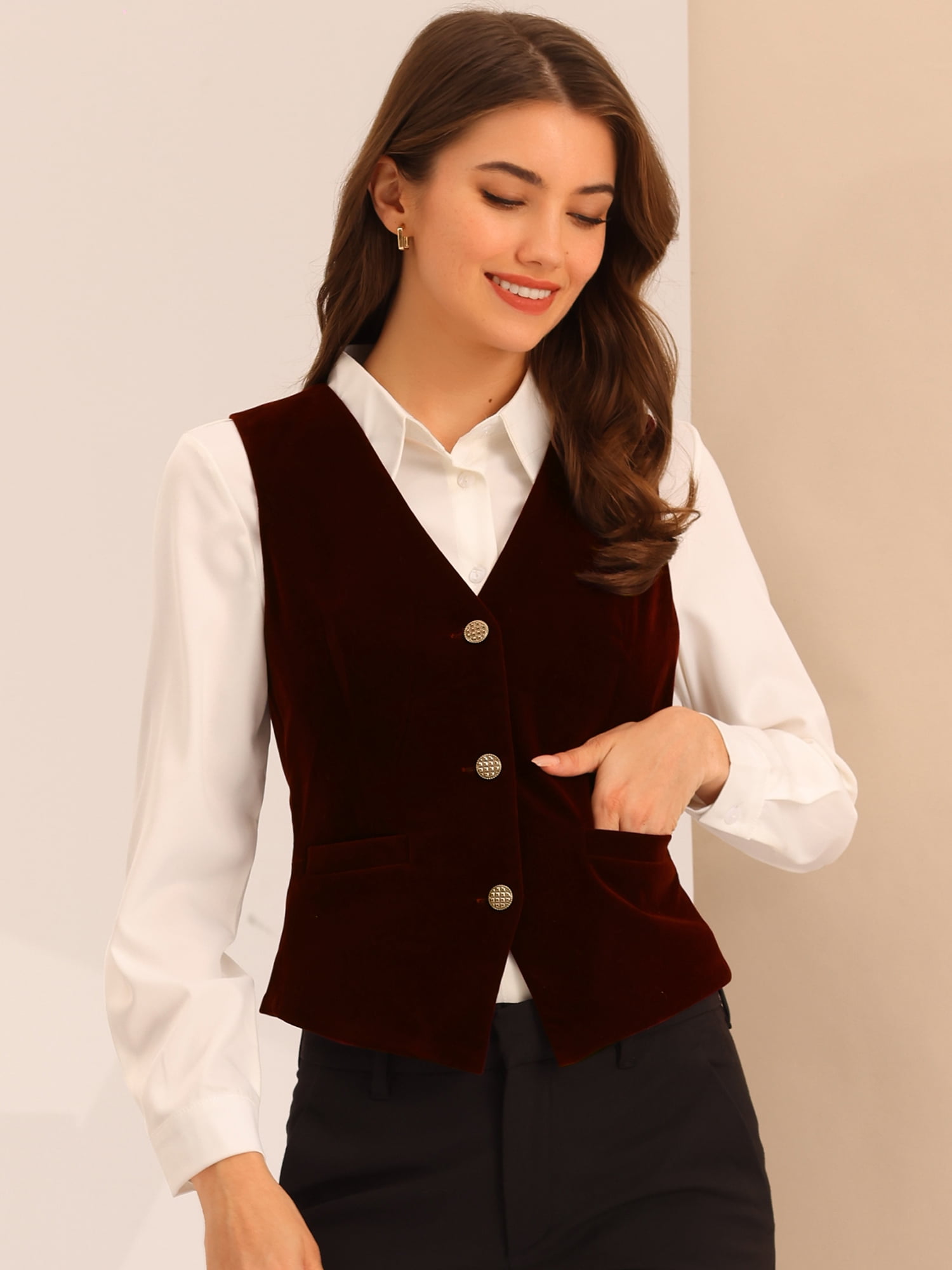 DARING DIVA Women's Vintage Velvet Vest Button Down Steampunk Waistcoat S Burgundy