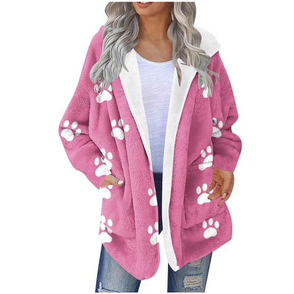 Riecok Fleece Lined Jacket Women Long Sleeve Hooded Jackets Zip Up Coats with Pockets Cute Printed Trendy Warm Clothes