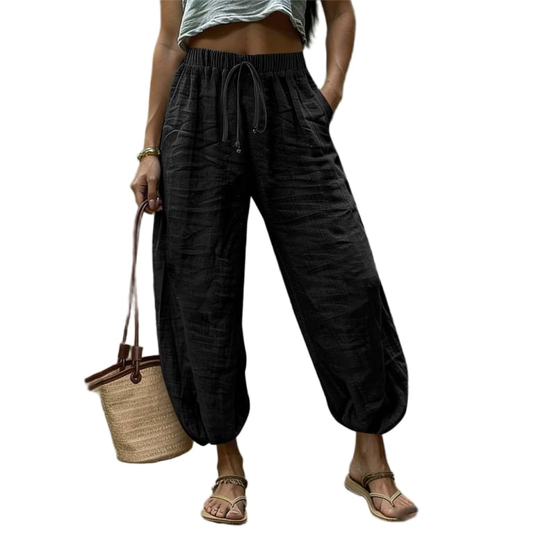 Dazajoo Cotton Linen Harem Pants Women Elastic Waist Balloon