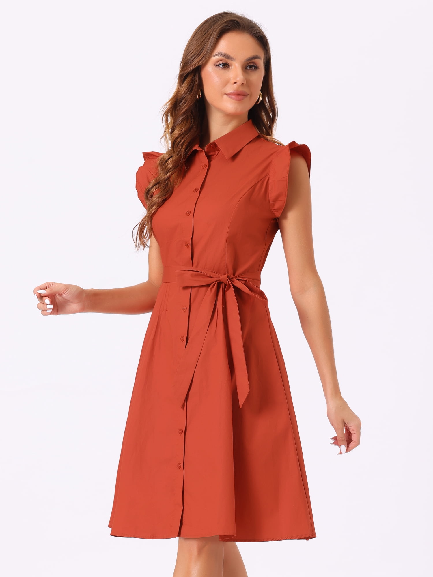 DARING DIVA Ruffled Sleeve Button Down Belted Knee Length Shirt Dress L Burnt Orange