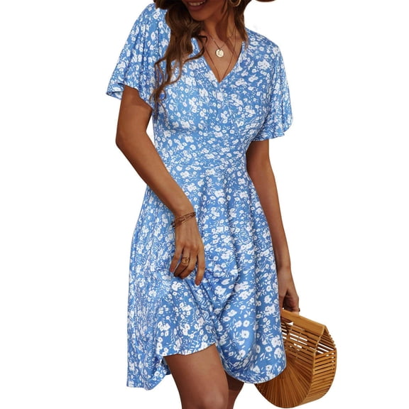 UVN Summer Dresses for Women Short Sleeve V Neck A-Line Midi Dress Boho Beach Floral Print Sundress