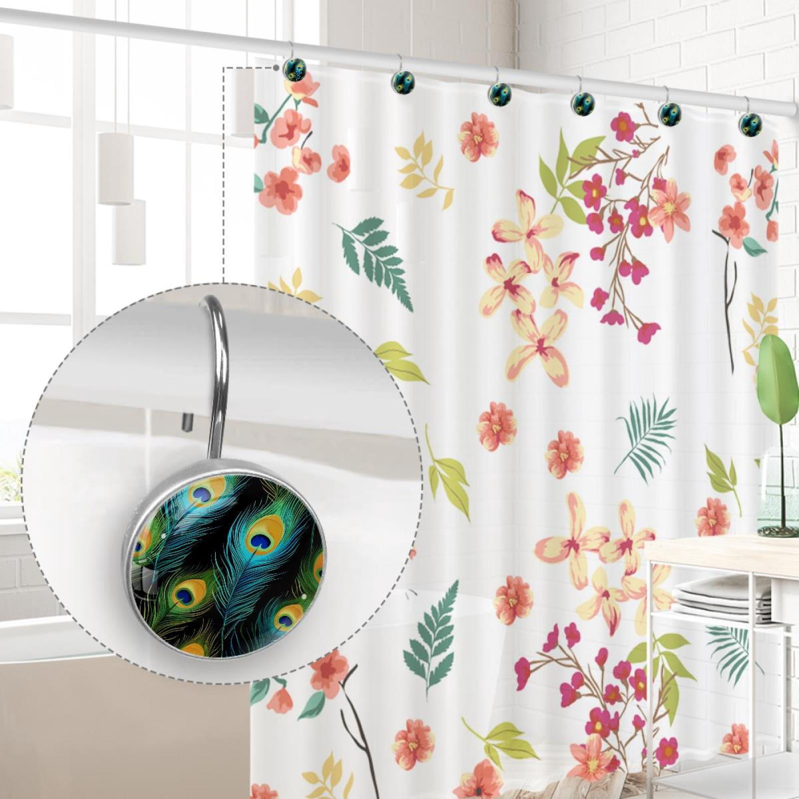 Peacock Feather Shower Curtain Hooks Round Crystal Glass, Set of 12 Shower Curtain Rings - Shower Hooks for Curtain Shower Rings