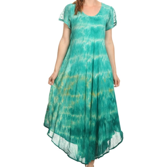 Sakkas Kaylaye Long Tie Dye Ombre Embroidered Cap Sleeve Caftan Dress / Cover Up - Aqua - One Size Regular