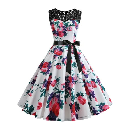 - UKAP Womens Summer Vintage 1950s Sleeveless Polka Dot Belt Rockabilly Floral Printed Prom Tea Party Dress Cocktail A-Line Swing Dress