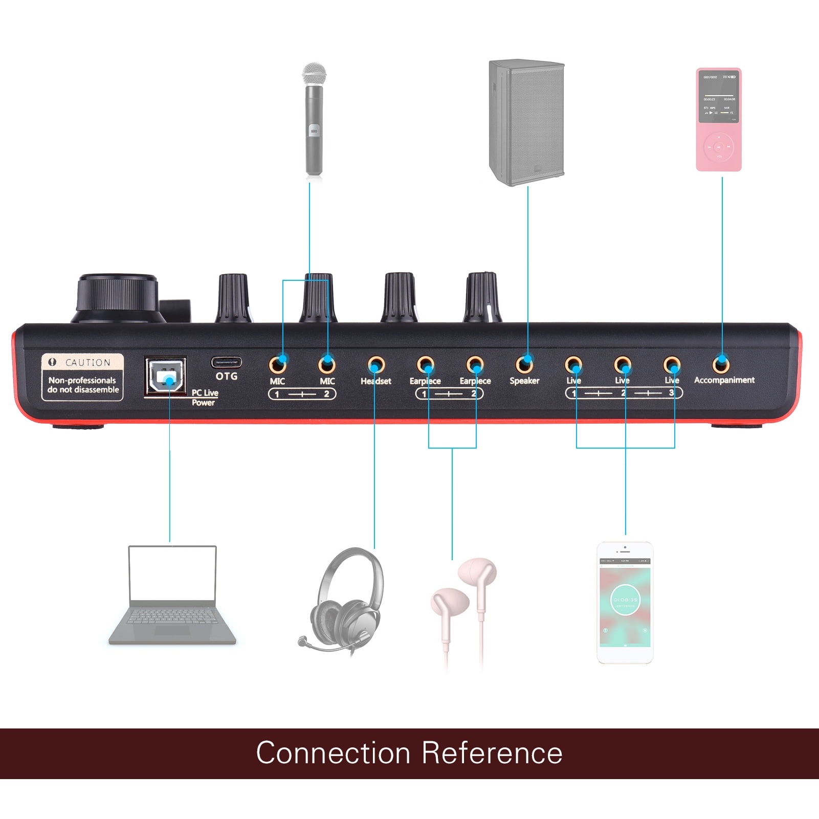 SK300 Live Audio Mixer Sound Card with Voice Changer - Built-in Rechargeable Battery and Multiple Sound Effects for Live Streaming, Music Recording, Gaming, and Karaoke on Smartphones or Computers