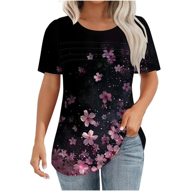 Tnhcen Chemises Décontractées à Manches Courtes Col Rond pour Femmes - Blouse Plissée à Imprimé Floral avec Ajustement Régulier Doux pour Usage Quotidien et Voyage P-2TG