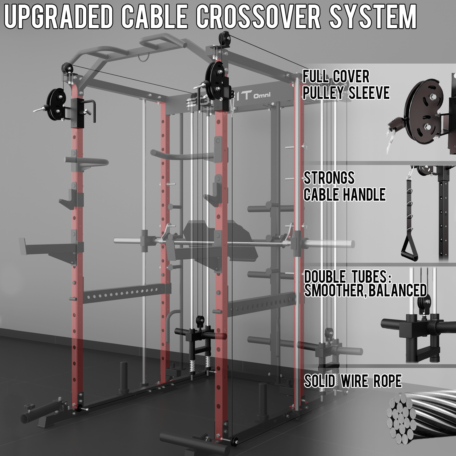 Eonfit E5 Smith Machine with Vertical Leg Press, Power Cage Squat Rack with LAT-Pull Down Cable Crossover Rotating Arms System Home Gym Equipment All in One (E5  RED）)