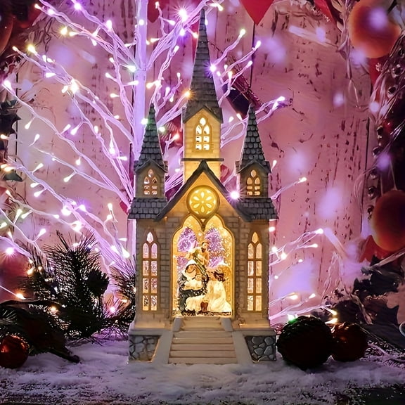 15.7" Musical Christmas Snow Globe Lantern, Lighted USB or Battery Operated Nativity Snow Globe with Swirling Glitter, Church-Themed Snow Globe Presents