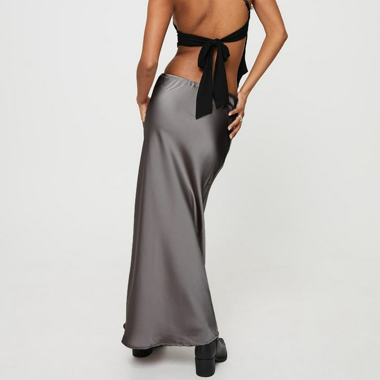 vigerkar Women's Drawstring Satin Maxi Skirt High Waist Silk A