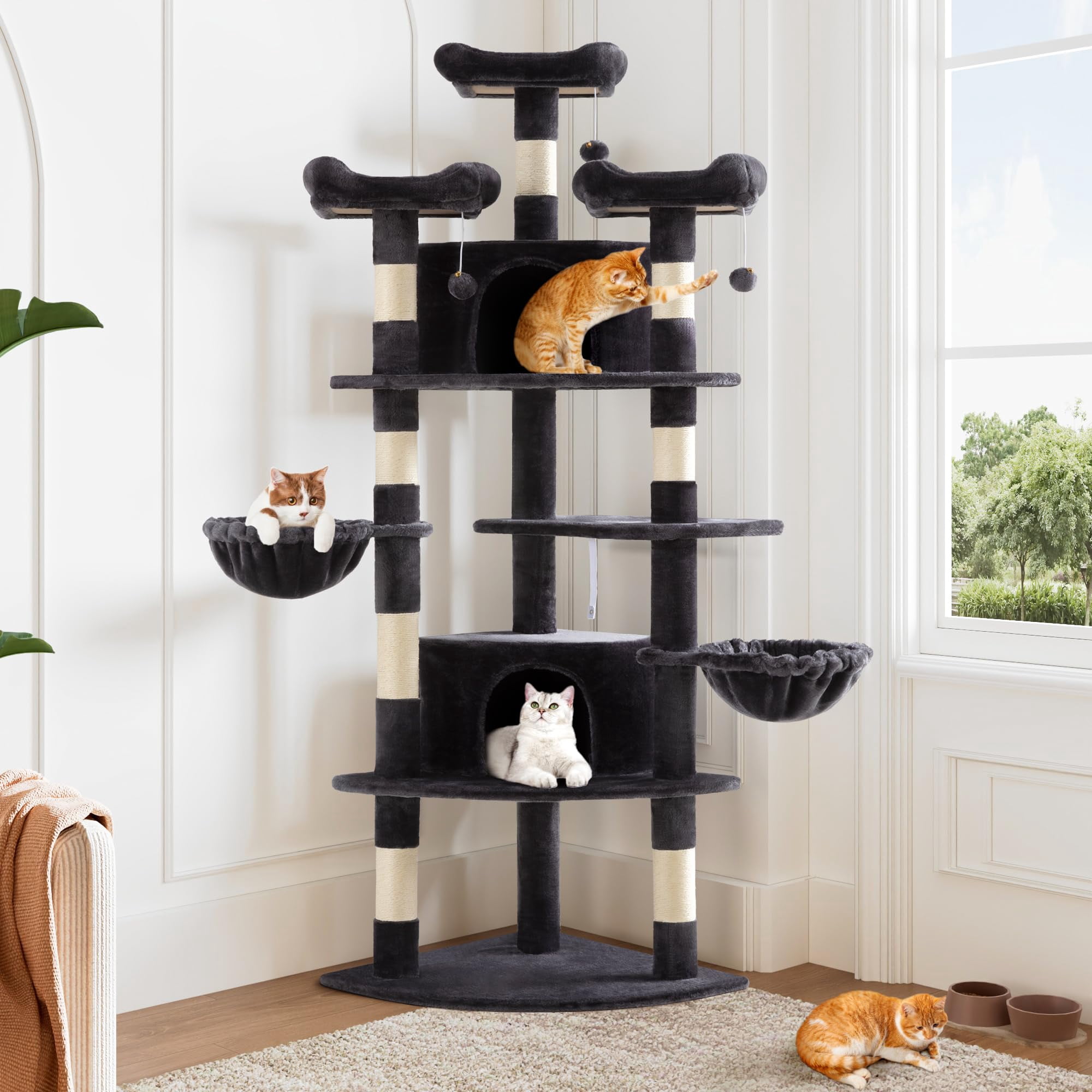 73in Fan-shaped Space-saving Corner Cat Tower/multi-level Tall Tree For Indoor Kitties/cozy Baskets/condos/house/perches/sisal Posts/pet Activity Center/dark Grey