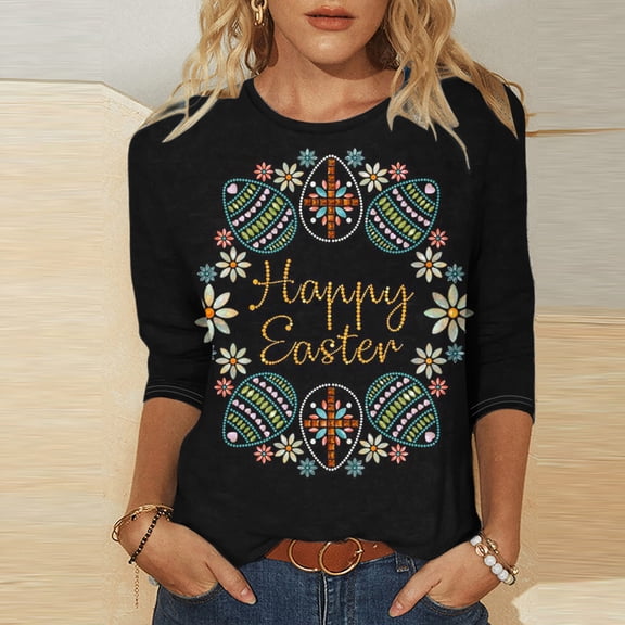 Kayannuo Easter Print Long Sleeve Shirts for Women Women's Easter Printed Round Neck 3/4 Sleeve T-shirt Loose Top Womens Fashion