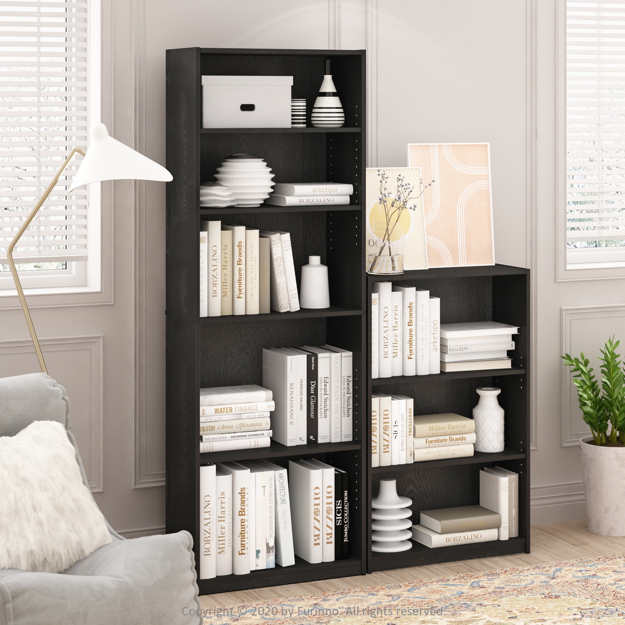 Furinno JAYA Book shelf, 5-Tier Bookshelf, Bookcase with Adjustable Shelves, 9.5 x 24.5 x 71.2, for Living Room, Bedroom, Home Office, Darkwood
