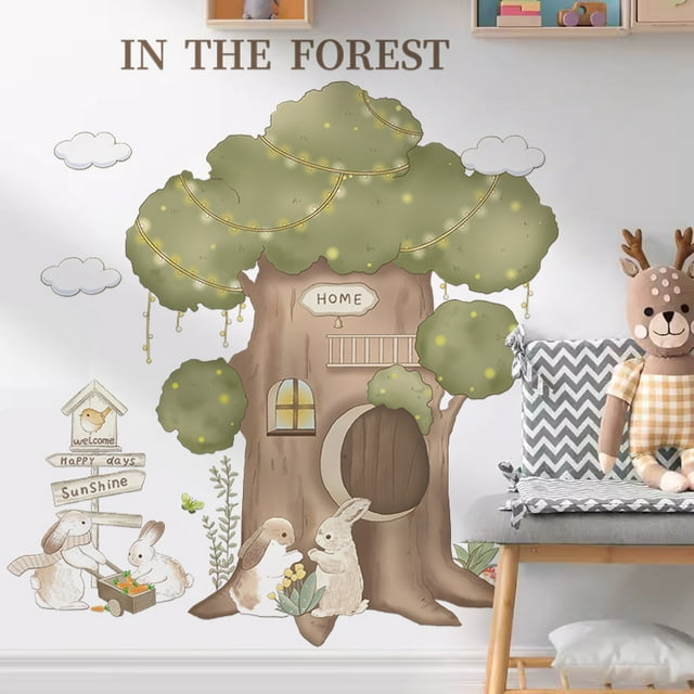 Adhesivos de pared de dibujos animados con forma de árbol de bosque con bonitos conejitos con luz LE