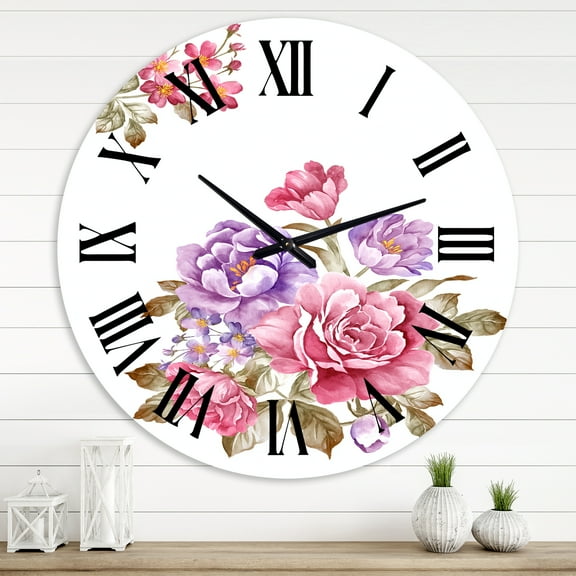 Designart 'Bouquet Of Pink And Purple Flowers I' Farmhouse Wall Clock
