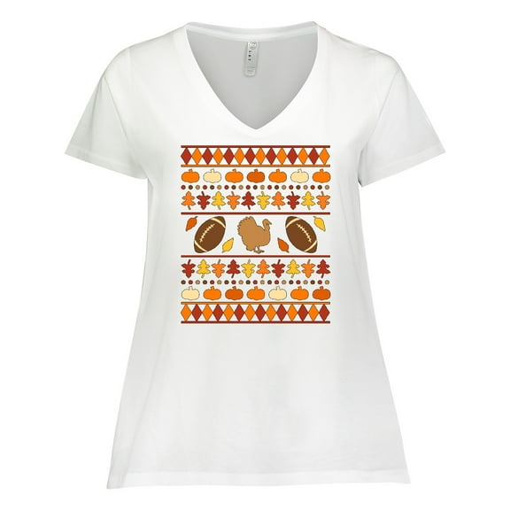 Inktastic Ugly Thanksgiving Sweater Design with Turkey and Football Women's Plus Size V-Neck T-Shirt