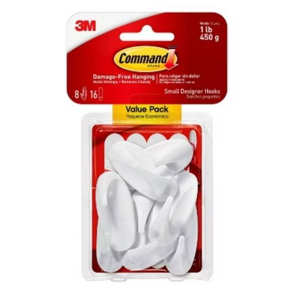 Strips Small Sized Designer Hooks White: Adhesive Wall Hooks, Plastic, 1 lb Capacity, 8 Pack
