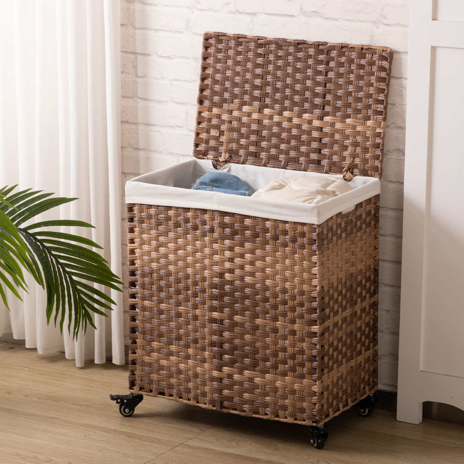 HollyHome Laundry Hamper 2 Section with Wheel Laundry Basket Synthetic