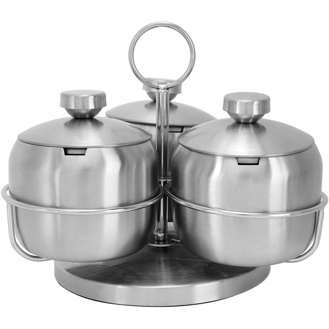 Juego de caja de condimentos con recipiente giratorio de 15 * 17 cm, frascos/botellas de especias de acero inoxidable Contenedor de especias con tapas Cuchara para azucarero para servir té, café