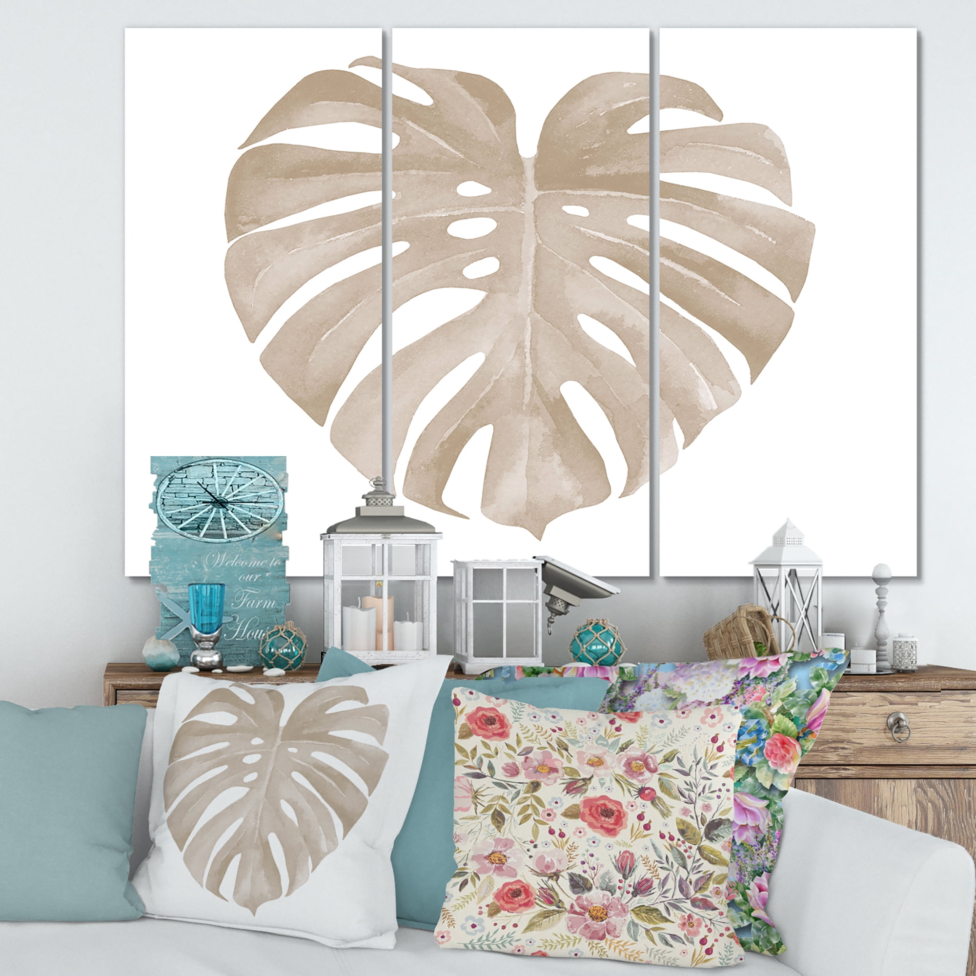 Designart ' Beige Ivory Pastel Monstera Heart Shaped Tropical Leaf ' Traditional Canvas Wall Art Print