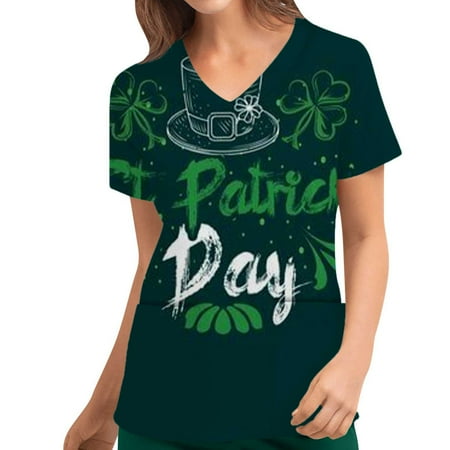 

Womens St. Patrick s Day Scrub_ Tops Four-Leaf Clover Print Short Sleeve V-Neck Nurse Uniform with Pockets
