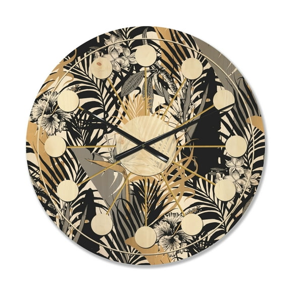 Designart 'Retro Golden Foliage II' Mid-Century Modern Wood Wall Clock