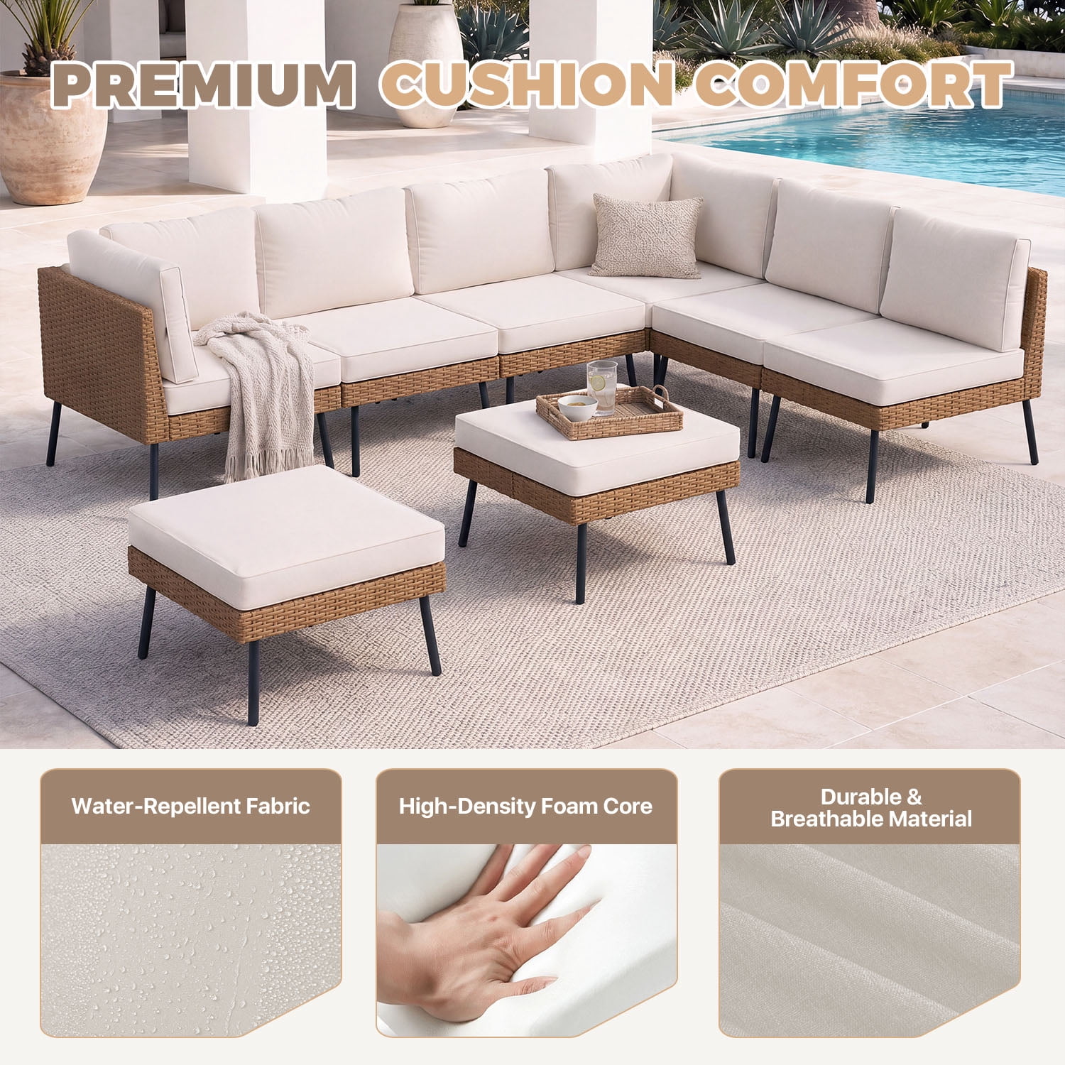 BaPiPro 8-Piece Modular Outdoor PE Rattan Sectional Sofa Set, All Weather Patio Furniture with Removable 4" High Density Cushions & 2 Multifunctional Ottomans for Backyard Garden Courtyard, Beige