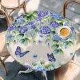 thumbnail image 2 of Purple Hydrangea Round Tablecloth, Fitted Table Cover with Elastic for 55"-60" Round Tables, Spring Eucalyptus Butterfly Rustic Burlap Table Cloth Outdoor Indoor Dinning Party Waterproof Tablecloths, 2 of 7