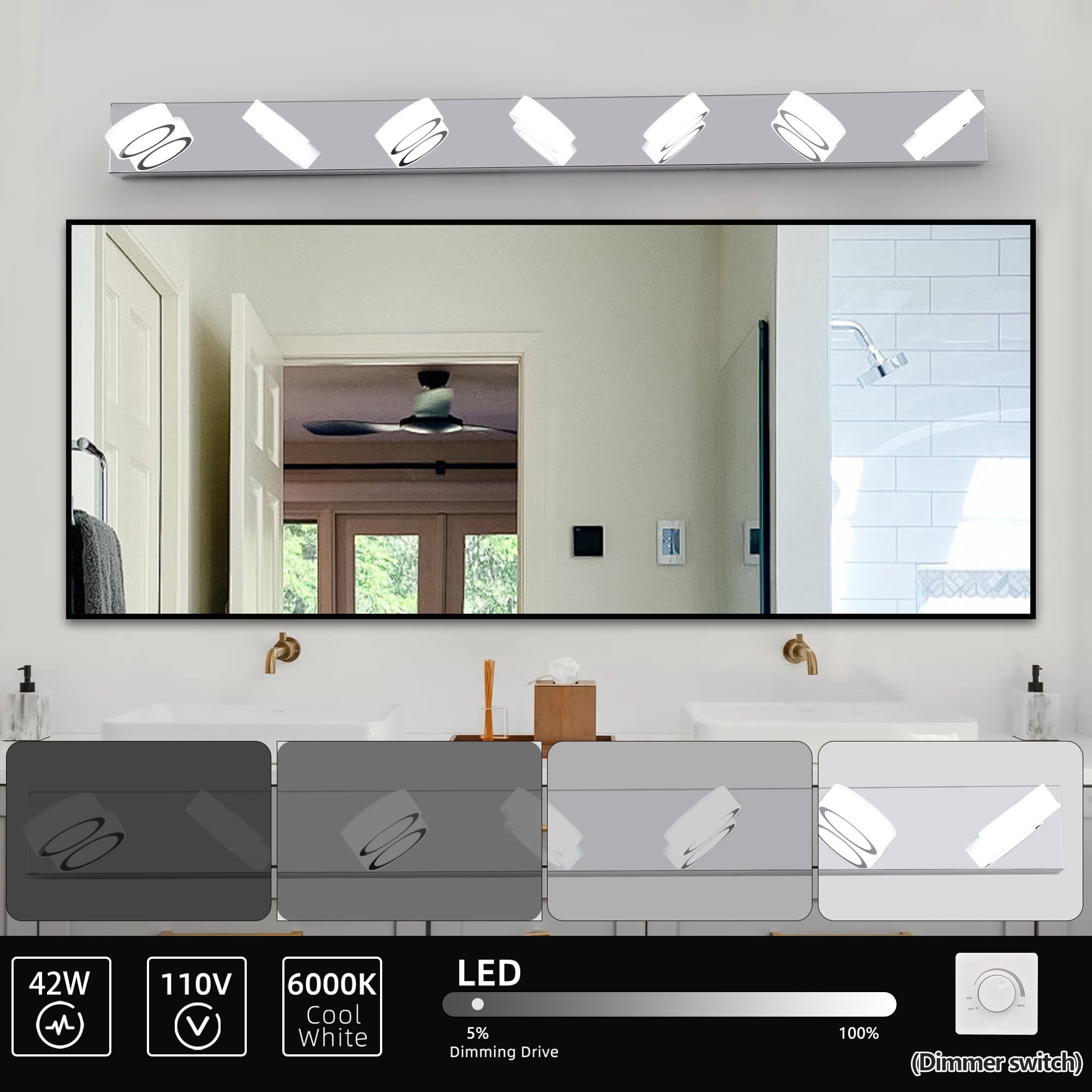 Leumius Modern 7-Light LED Vanity Light Fixture, Chrome Finish with Acrylic Light Shades, Energy-Efficient Bathroom Wall Sconce, Dimmable for Mirror, Shower and Bathroom Decor