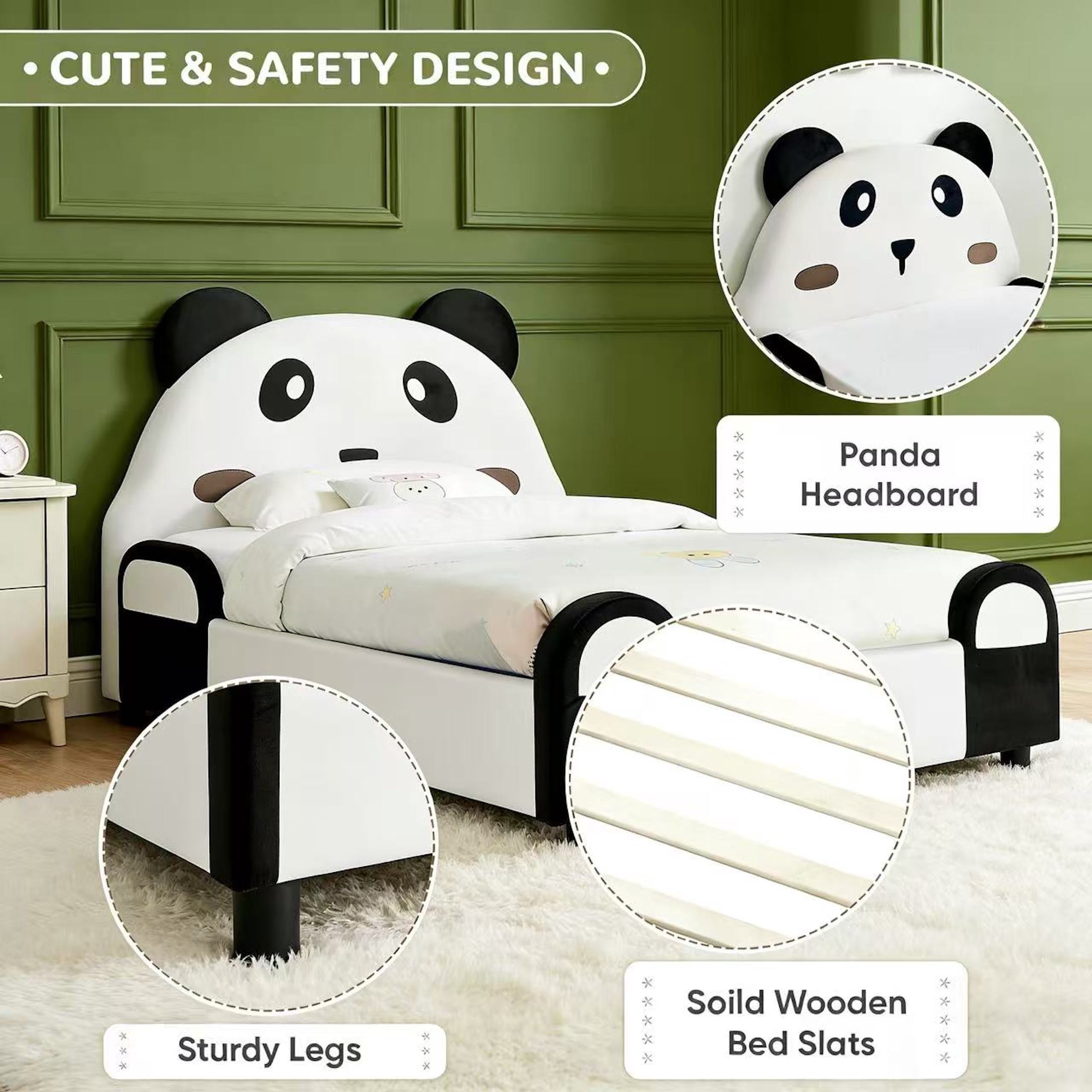 Aisword Twin Size Kid Bed with Panda Headboard, Upholstered Velvet Fabric Twin Daybed with Slats Support, Space-Saving Wooden Corner Sofa Couch Day Bed Frame for Girl, Boy, Teenager