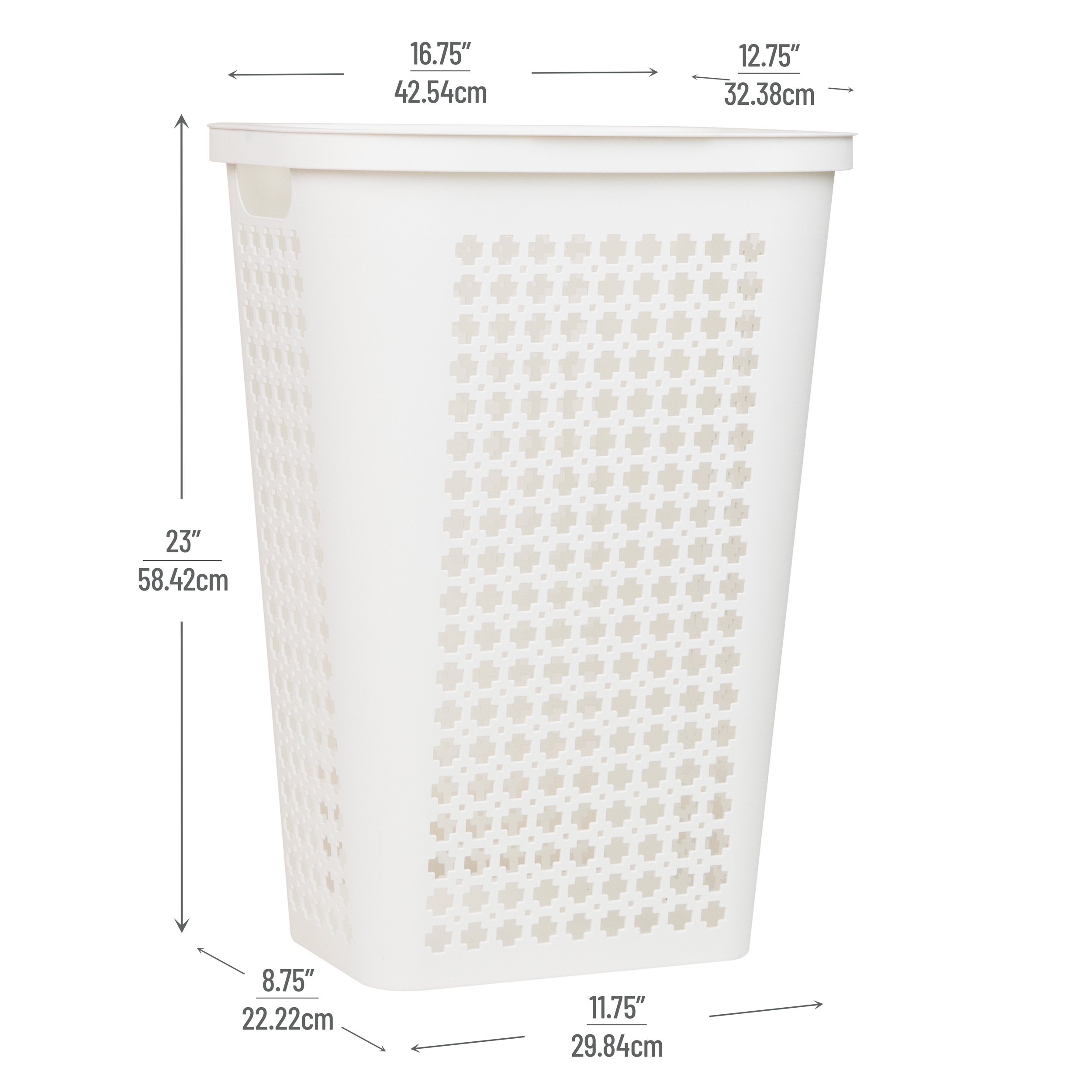 Mind Reader Plastic Tapered Laundry Hamper with Lid, Clothes Basket with Swiss Cross Cut-Outs, White