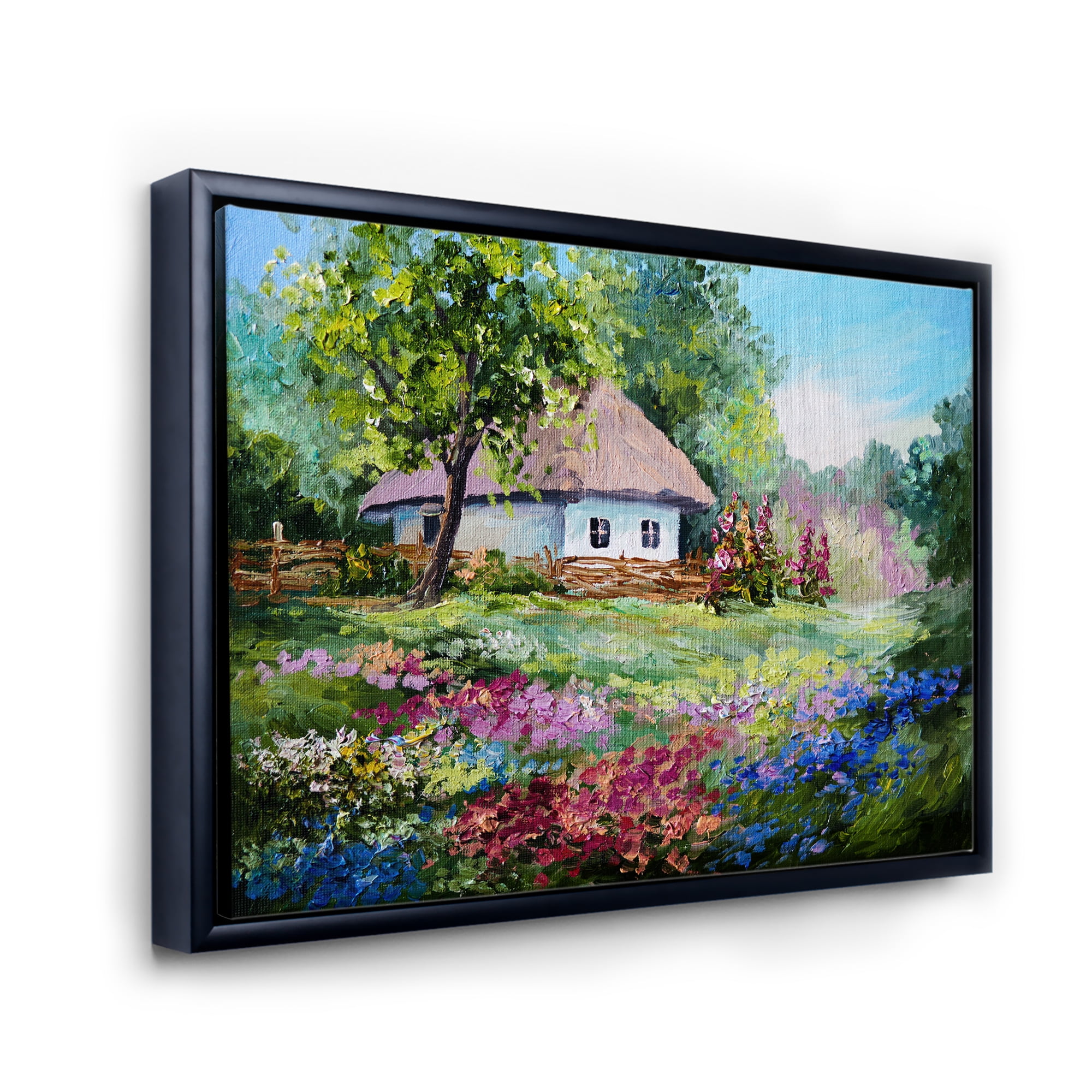 House With Blossoming Flowers On The Mountain I 20 in x 12 in Framed Painting Canvas Art Print, by Designart