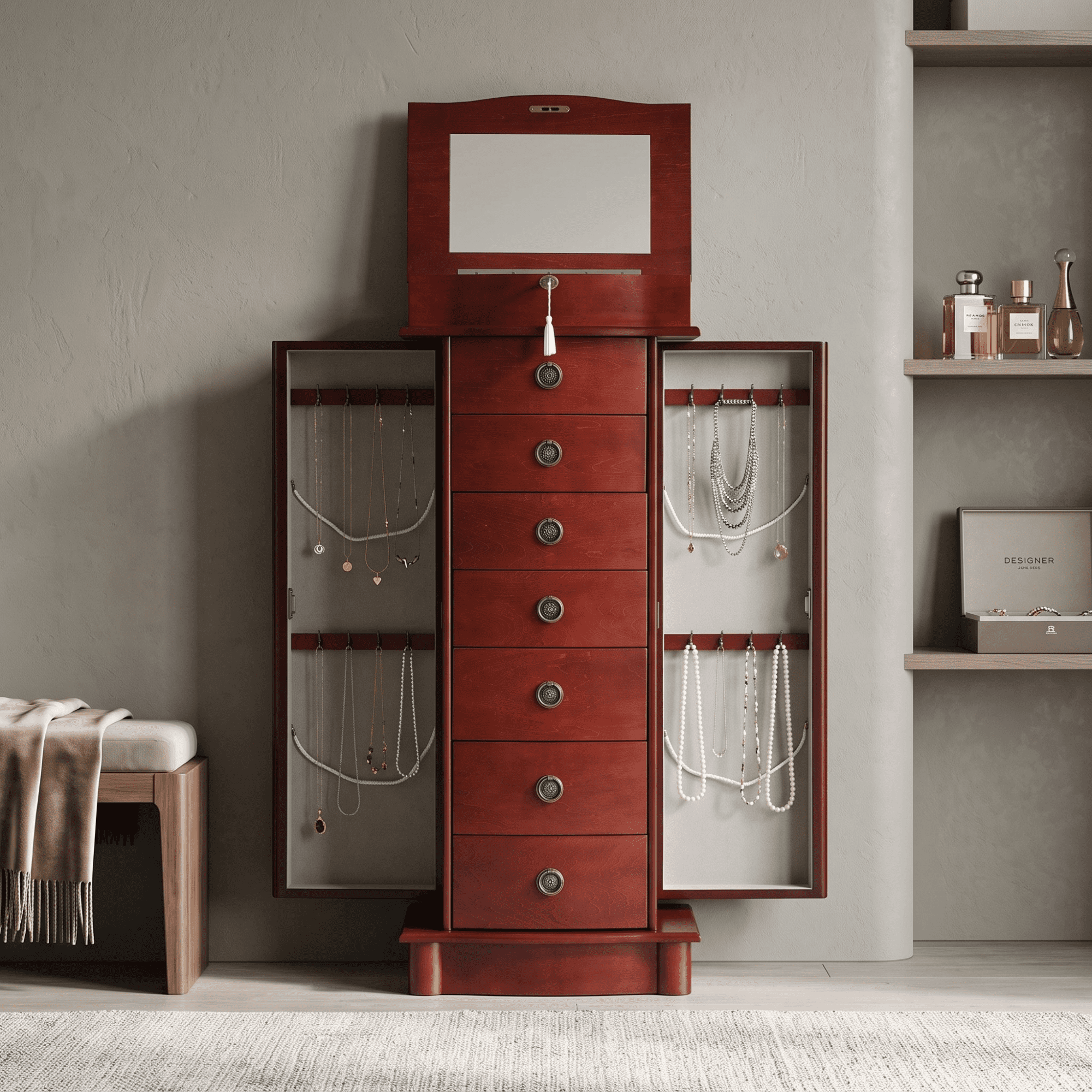 Hives and Honey Nora Traditional Jewelry Armoire with Locking Compartment and Ample Storage, Cherry