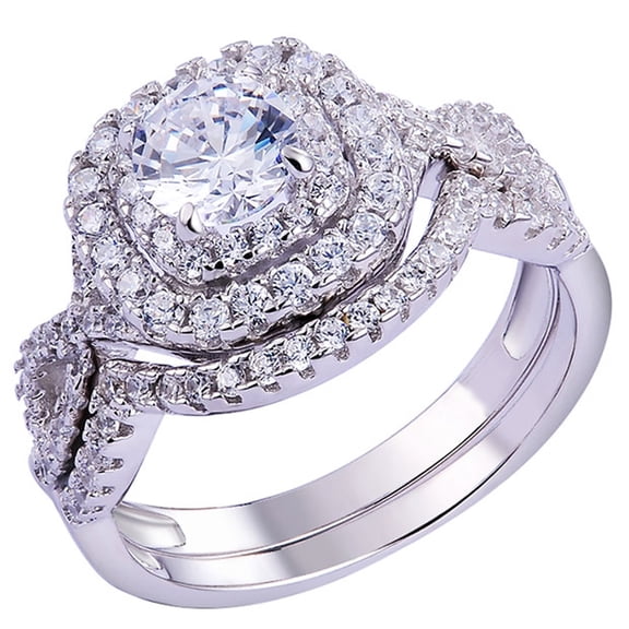Newshe 1.8Ct Wedding Band Engagement Ring Set for Women Double Halo Bridal Rings Round CZ Size 6