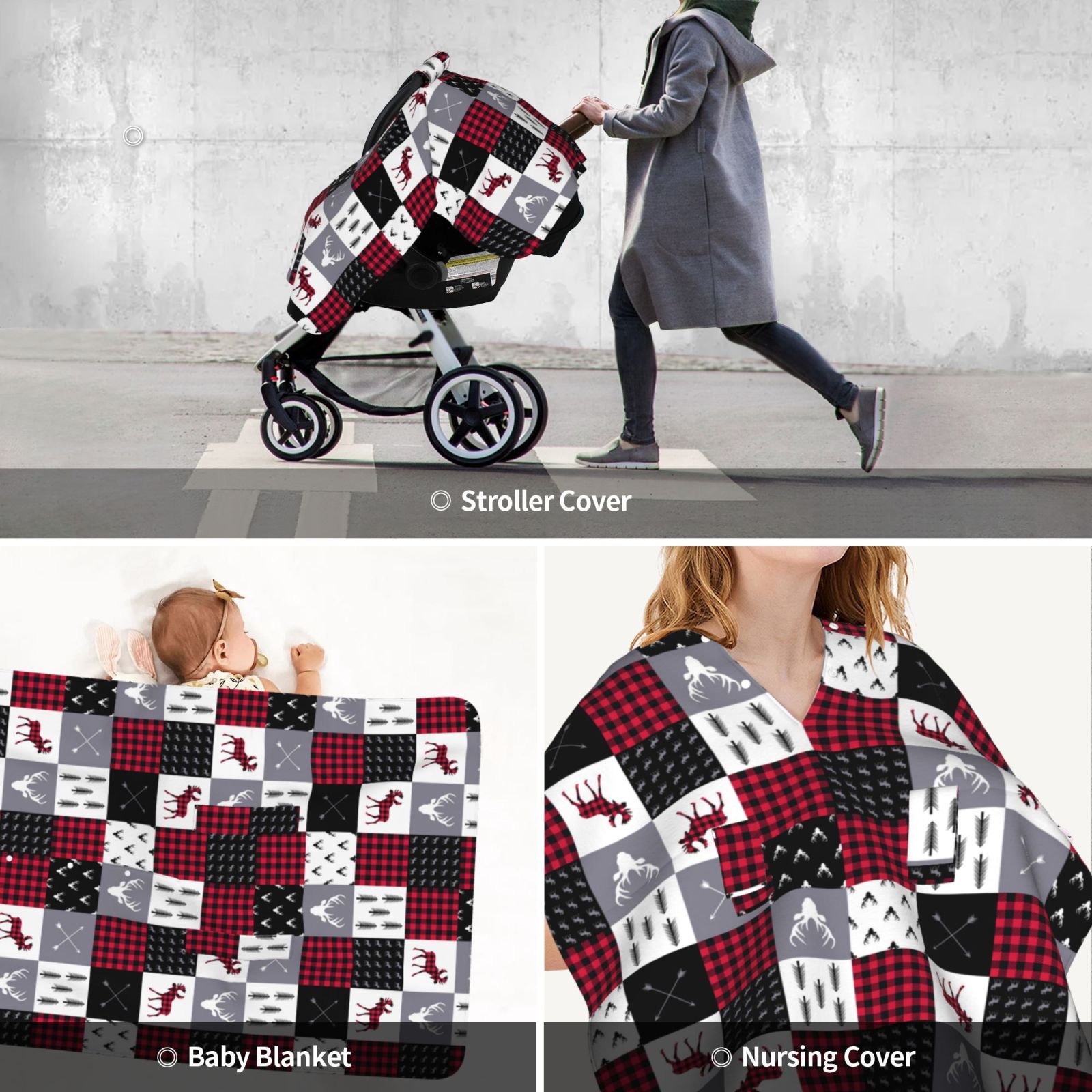 Car Seat Cover Baby - Buffalo plaid Elk arrows deer moose Breathable Infant Car Seat Cover for Baby Carseat, Lightweight Comfort Baby Essentials Must Haves Newborn Stuff for Girl Boy
