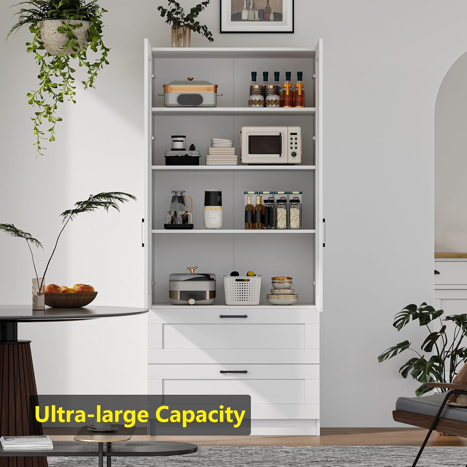 White Tall Kitchen Pantry Cabinet Organizers and Storage with Doors and Drawer and Adjustable Shelves，Wood Large Gabinetes Para Cocina Office Bookshelf for Laundry Room Cabinets (31.5”W*15.7”D*71”H)