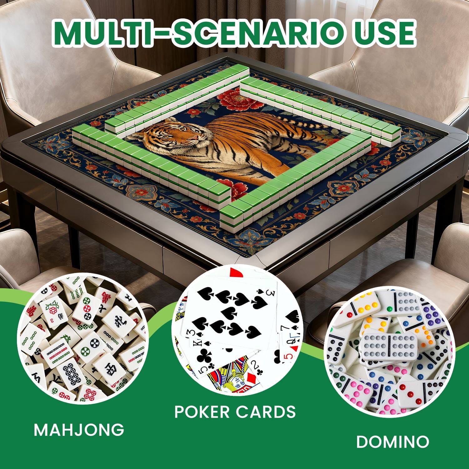 Mahjong Mat 31.5" x 31.5" Majestic Tiger Red Flowers Ornate Border Deep Blue Non-Slip Noise Reduction Mahjong Tiles Table Cover for Dominoes Poker Card Board and Tile Games